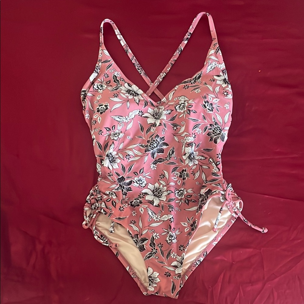 Pink One Piece Swimsuit with Floral Pattern and Plunging Neckline